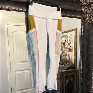 Fabletics White and Olive Leggings with Pink Accents